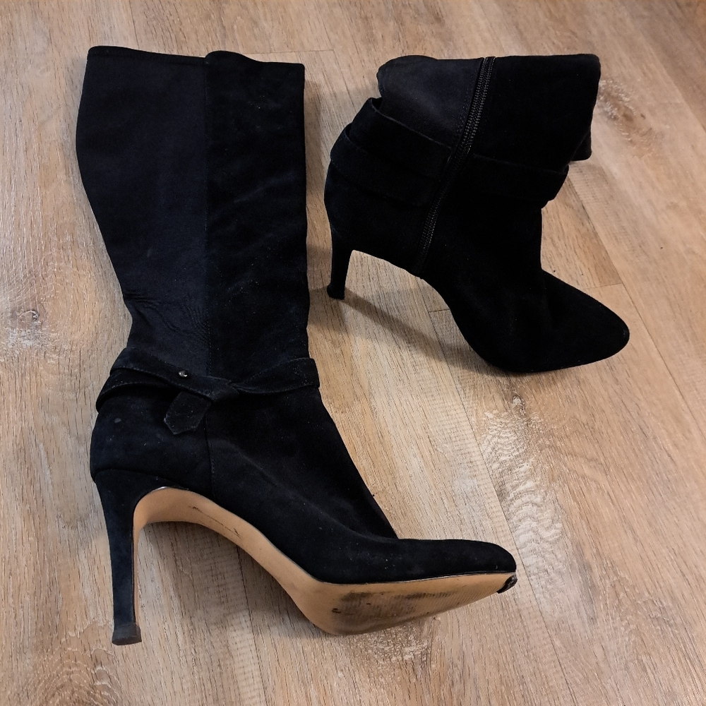 White House Black Market Black Suede Fabric Classic High Heel Boots Women's 8.5M